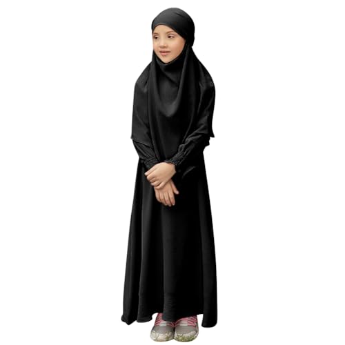 IDOPIP Muslim Dress for Girls Islamic Prayer Abaya Smocked Long Sleeve Kaftan Robe Dresses with Hijab Ramadan Dubai Outfits - color: Black, size: 5-6 Years