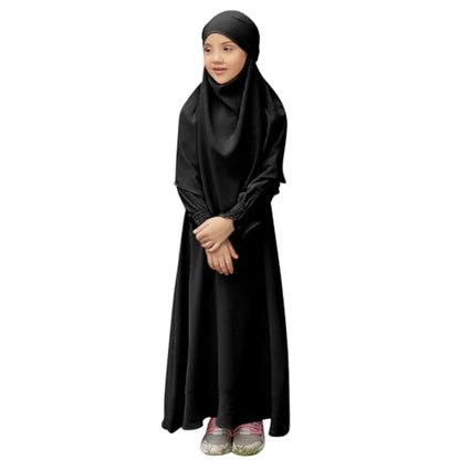 OBEEII Abaya for Girls Muslim Long Sleeve Prayer Dress Ramadan Kaftan Abaya with Hijab Islamic Clothing Arabic Eid Robe - color: Black, size: 11-12 Years