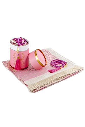 ihvan online Muslim Prayer Rug and Prayer Beads with Elegant Design Cylinder Gift Box, Janamaz, Soft Sajadah, Islamic Gifts Set, Portable Prayers Carpet Mat, Taffeta Fabric, Pink - color: Pink