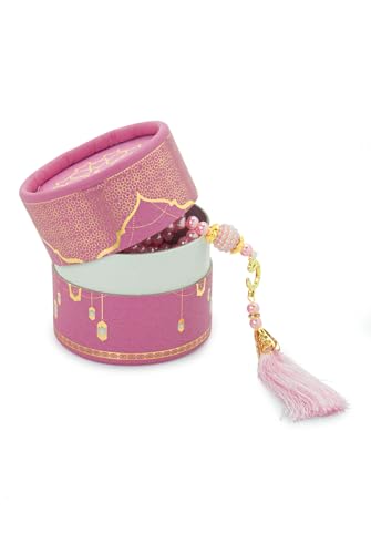 ihvan online Mini Quran & Tesbih Gift Set with Cylinder Box – 99 Pearl Muslim Prayer Beads, Misbaha Tasbeeh Sibha Mala – Islamic Ramadan, Eid & Mawlid Gift for Men & Women, Pink - color: Pink