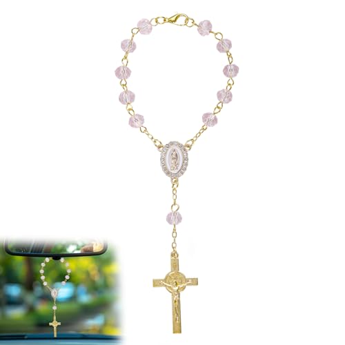Car Rosary for Rearview Mirror, Pink Car Rosary Small with Cross Pendant Charm Ornament Purple Mini Religious Hanger Gift Catholic Hanging Wedding Women Accessories for Vehicle Rear View Mirror