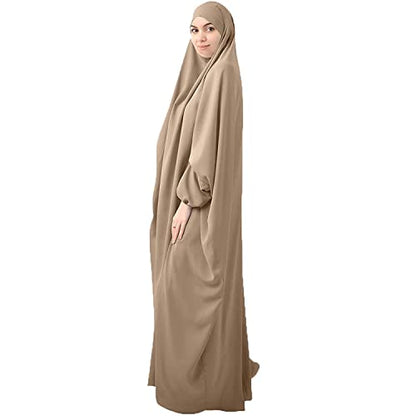FPOVFPO Womens One-Piece Solid Abaya Muslim Prayer Dress Islamic Maxi Kaftan with Hijab Dubai Full Length Dress - color: Khaki