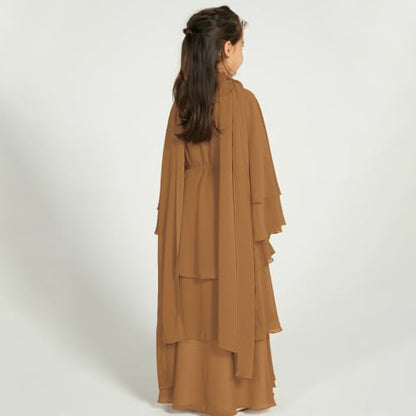 Chiffon layered Open Abaya Dubai Kaftan Muslim Cardigan Abayas Dresses For Girls Casual Robe Kimono Islam Clothing - color: Camel Brown, size: 13-14 Years