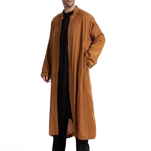 Thobe for Men Abaya Islamic Clothing Loose Long Sleeve Muslim Kaftan Open Front Dubai Arabic Robe Prayer Costume - color: Khaki, size: XX-Large