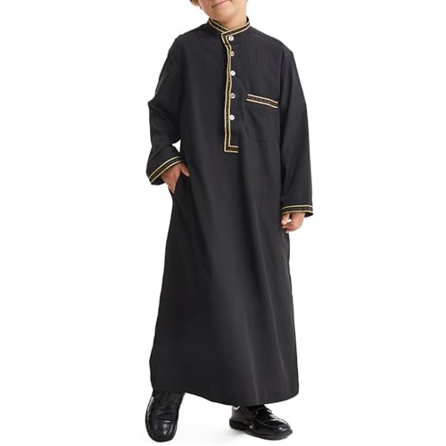 Muslim Thobe for Boys Islamic Thobe Long Sleeve Kaftan Stand Collar Button 𝐑obe Kids Ramadan Eid Outfit Prayer Clothes - color: Black, size: 5-6X