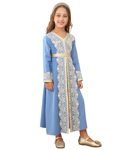 Girls Muslim Abaya Prayer Dress Islamic Modest Arabian Dresses Middle East Dubai Attire Kaftan - color: Blue, size: 6-7 Years