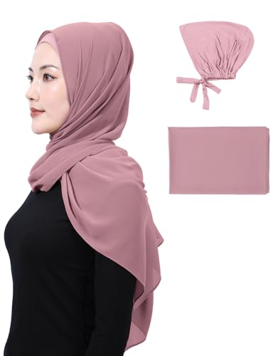 Matched Hijab and Undercap Set, Chiffon Muslim Head Scarf for Women, A Perfectly Decent Combination - color: Pinkish Purple