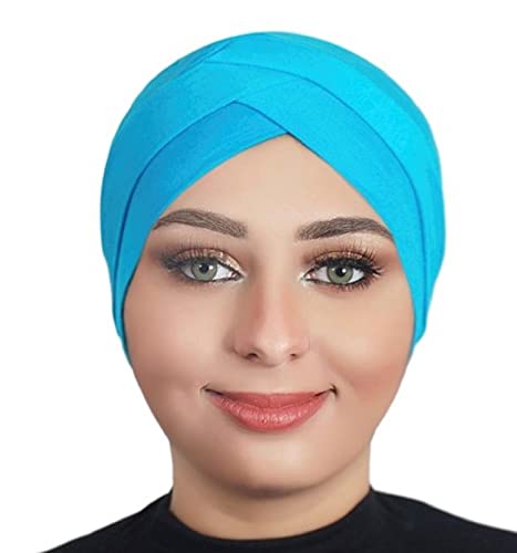 Solid Color Full Cover Inner Hijab Caps Muslim Forehead Cross Turban Stretch Hijab for Women Head Scarf Under Hijab - color: Sky Blue