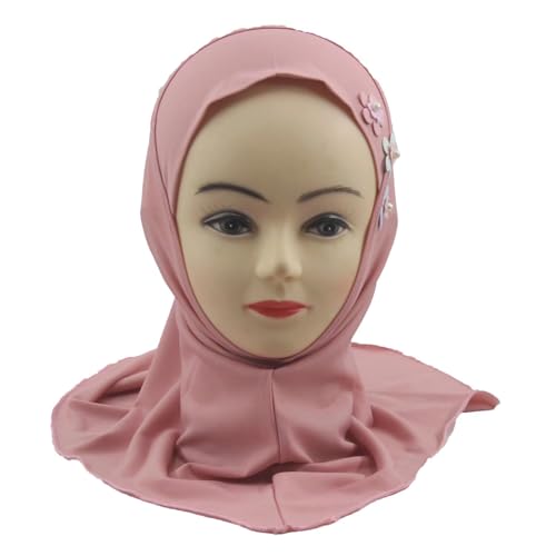 Girls Muslim Hijab Arab Scarf Islamic Headscarf for Kids with 3 Flowers - color: Dark Pink-3 Flowers