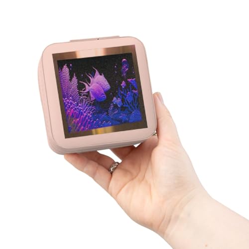 3dRose Neon Purple fish in a aquarium metal frame with coral and ocean life Jewelry Travel Case Pink