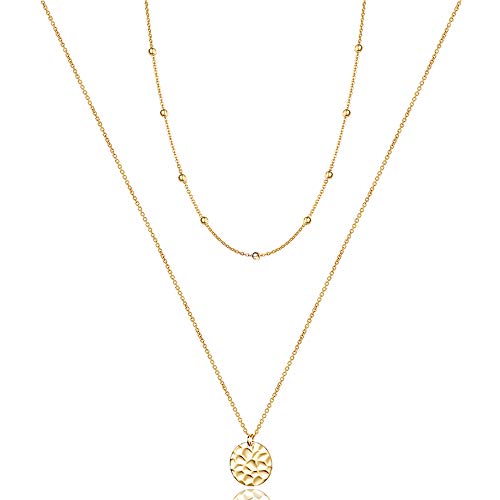 Turandoss Dainty Layered Choker Necklace, Handmade Y Pendant Necklace Multilayer Bar Disc Necklace Adjustable Layering Choker Necklaces for Women - style: 2PCS - Chain&Hammered Disc