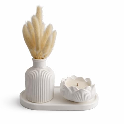 Minimalist Home Decor Set with Dried Flowers – Handmade Tray, Vase and Candle Holder – Modern Neutral Decorative Accent for Living Room, Bedroom or Bathroom