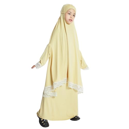 Kids Girls Abaya Muslim Full Cover Lace Hijab Dress Kaftan Dubai Islamic Prayer Dress, 2pcs Set - color: Cream Yellow, size: 5-6 Years