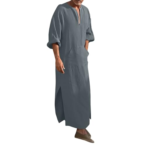Mens Kurta Linen V Neck Long Sleeve Kaftan Casual Modern Everyday Thobes Soft Breathable Lightweight Kurta - color: 02#_grey, size: X-Large