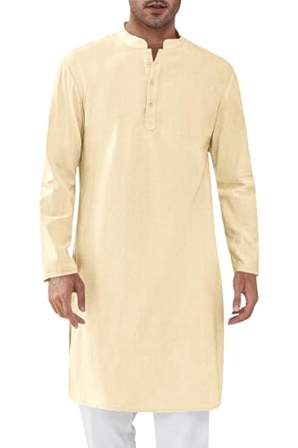 Runcati Mens Kaftan Thobe Textured Henley Shirt Long Sleeve Robe Casual Muslim Gown Shirt - color: Beige, size: Medium