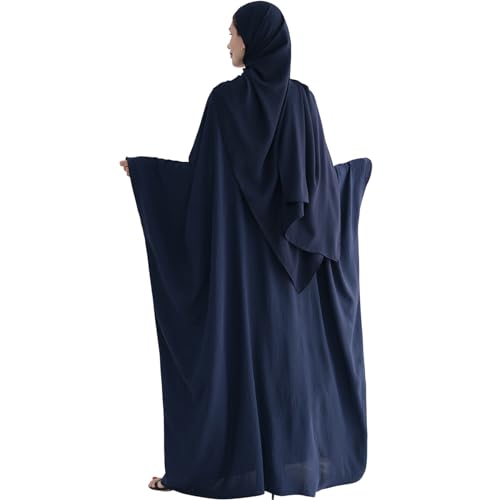Muslim Abaya Dress Women Middle East Arabian Prayer Robe Batwing Maxi Kaftan Abaya Dress with Hijab - color: Navy