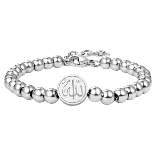 Aroncent Allah Stainless Steel Bracelet: Black Beaded Chain Islamic Jewelry - Ramadan Eid Gift for Men and Women - color: silver
