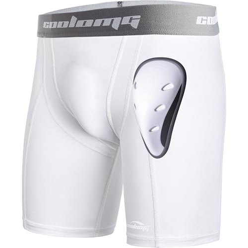 COOLOMG Mens Compression Shorts with Cup Athletic Baseball Underwear for Football MMA Lacrosse Field Hockey - color: White, size: Small