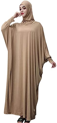 FPOVFPO Womens Solid One-Piece Prayer Dress Muslim Abaya Islamic Maxi Breathable Ramadan Dress Kaftan Hijab - color: Brown