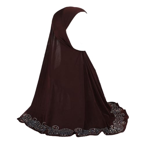 ZGMYC Women Shiny Rhinestones Muslim Hijab Elegant Long Turban Cap Head Wrap Scarf - color: Coffee(golden Beads & Rhinestones)