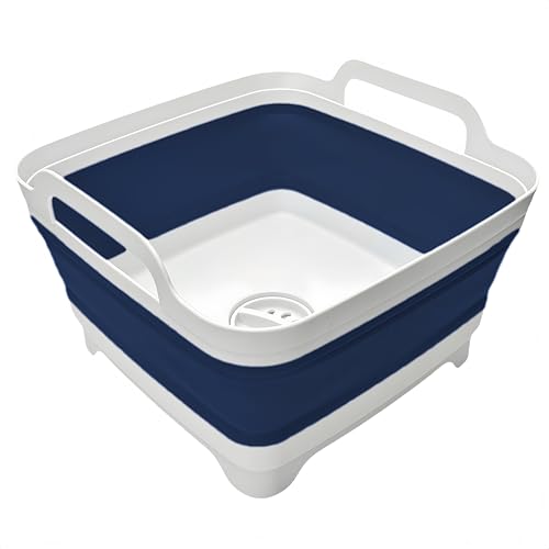 Collapsible Wash Basin 9L, Foldable Dish Tub with Drain Plug, Portable Collapsible Dish Basin, Camping Sink for Washing Dishes, Laundry & Kitchen Use (Navy Blue) - color: Navy blue - Set of 1
