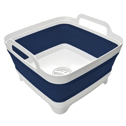 Collapsible Wash Basin 9L, Foldable Dish Tub with Drain Plug, Portable Collapsible Dish Basin, Camping Sink for Washing Dishes, Laundry & Kitchen Use (Navy Blue) - color: Navy blue - Set of 1