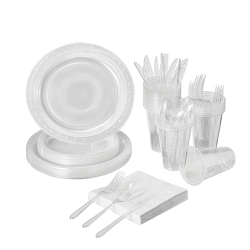 FULING 175 PCS Clear Party Supplies Disposable Dinnerware Set Plastic Plates and Paper Napkins Cups Silverware Serve 25 Sets for Birthday Bridal Shower Wedding Engagement Graduation Parties - color: Clear