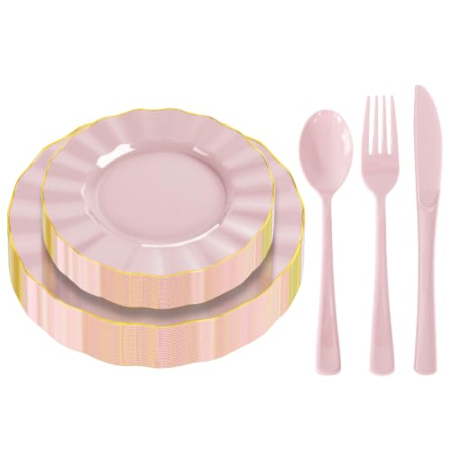 150Pcs Plastic Plates with Gold Rim,Heavy Duty Pink Plates for 30 Guests,Plastic Dinnerware Set Include 30 Dinner Plate,30 Dessert Plate,90 Gold Cutlery Set for Party (Pink) - color: Pink