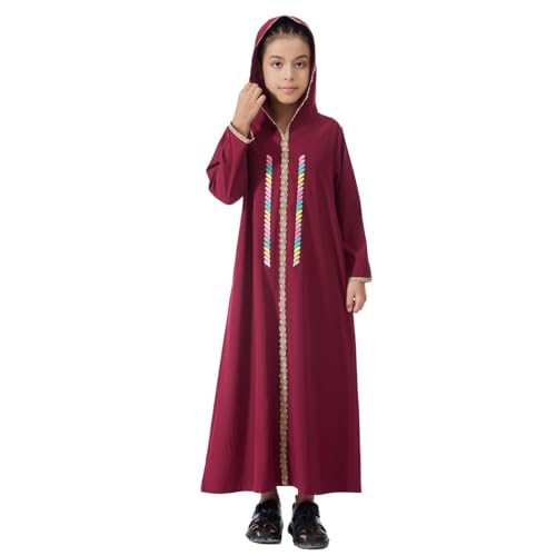 Kids Girls Abaya Muslim Long Sleeve Hooded Lace Embroidered Prayer Dress Arabic Kaftan Dubai Islamic Dresses - color: Wine Red Hoodies, size: 12-13 Years