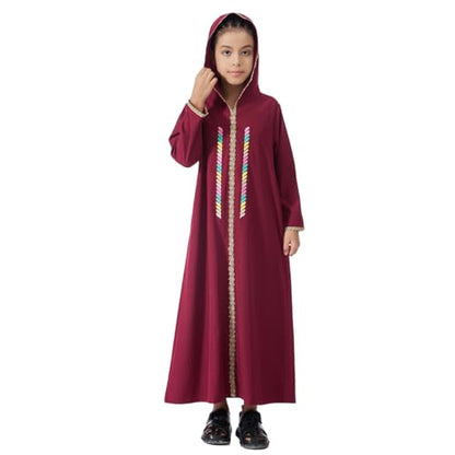 Kids Girls Abaya Muslim Long Sleeve Hooded Lace Embroidered Prayer Dress Arabic Kaftan Dubai Islamic Dresses - color: Wine Red Hoodies, size: 8-9 Years
