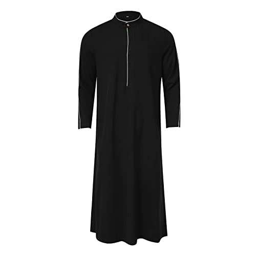 Men’s Thobe Muslim Islamic Robe Kaftan Long Sleeve Jubba Arabic Gown Ramadan Eid Prayer Ethnic Dress A9 - color: Black, size: XX-Large
