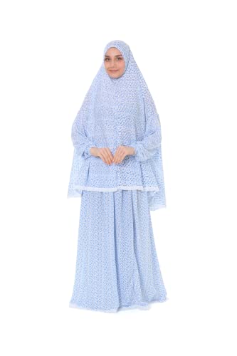 Islamic Dress for Women Prayer Clothes for Muslim Women 2 Piece Set Maxi Skirt with Hijab and Rosary Printed Dress - color: Blue