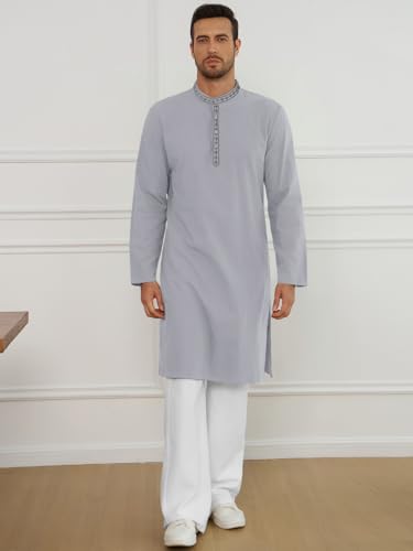Runcati Mens Cotton Kaftan Robe Long Sleeve Button Down Henley Shirts Thobe Casual Side Split Gown Shirt - color: Gray, size: XX-Large