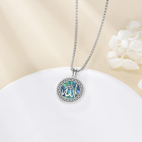 URONE Allah Necklace 925 Sterling Silver Abalone Shell Pendant Allah Jewelry Gift for Women Men