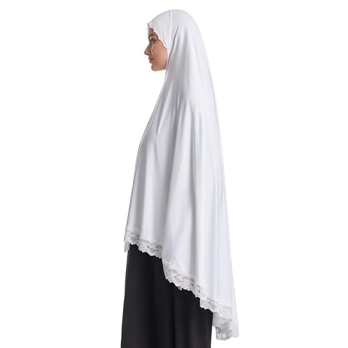 Prlemend 여성용 무슬림 히잡 두바이 실크 스카프 레이스 헤드 랩 스카프 단색 숄 | Milk Silk Fabric, Lace Edge - color: 화이트., size: X-Large
