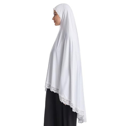 Prlemend 여성용 무슬림 히잡 두바이 실크 스카프 레이스 헤드 랩 스카프 단색 숄 | Milk Silk Fabric, Lace Edge - color: 화이트., size: X-Large