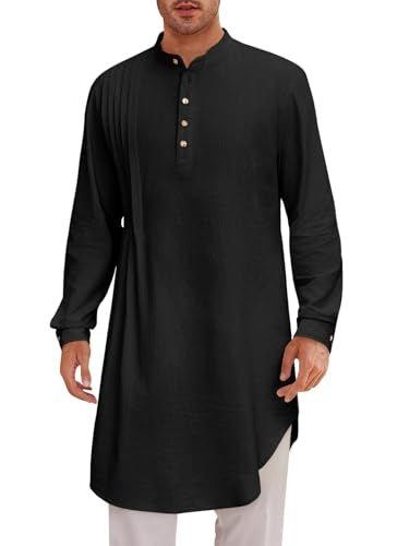 Runcati Mens Kaftan Thobe Cotton Linen Henley Shirt Long Sleeve Robe Casual Muslim Gown Kurta - color: Black, size: X-Large