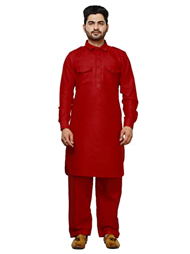 Pro-Ethic Style Developer Men Cotton Pathani Kurta Set Indian Wedding Dress | Traditional wear A-116 - color: Red, size: X-Large