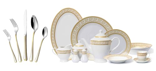 HOMEHUT 97-Piece Gold Dinnerware Set with 18/10 Premium Stainless Steel Silverware Flatware - Greek Key Gold HQ Fine China Tableware Service for 8 People - size: 97 Piece Service for 8