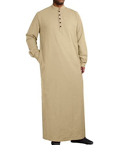 YAOHUOLE Muslim Thobe for Men Button down Mens Caftans Big and Tall Mens Arab Thobe with Pocket - color: Khaki, size: Medium