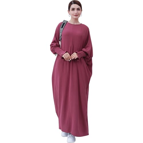 Lenmipot Islamic Women Jilbab Abayas Muslim Abaya Dress for Women Middle East Kaftan Dubai Dress Eid Prayer Clothes - color: Dark Red