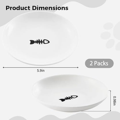 2 Ceramic Cat Bowls, 5.9 Inch Wide Shallow Feeding Dishes for Dry/Wet Food | Reduces whisker contact; lead-free; holds water too; dishwasher safe; stable heavy design; fits cats and small dogs - color: 2 Fish bone