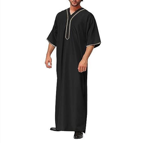 Ctreela Men's Half Sleeve Thobe Muslim Kaftan Dubai Long Gown Saudi Arab Thobe Ramadan Islamic Robes for Casual Summer Beach - color: Black, size: X-Large