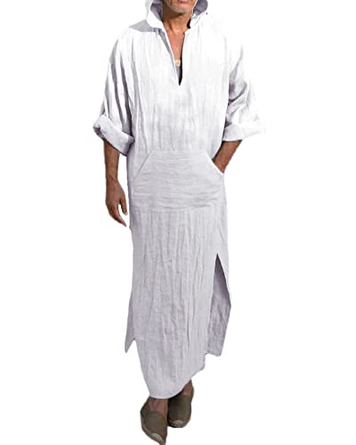 YAOHUOLE Men's Long Sleeve Kaftan Side Split Long Gown Thobe Hooded Men Caftan - color: White, size: 3X-Large