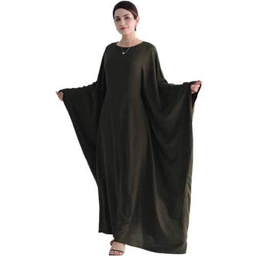 Muslim Abaya Dress Women Middle East Arabian Prayer Robe Batwing Maxi Kaftan Abaya Dress with Hijab - color: Army Green