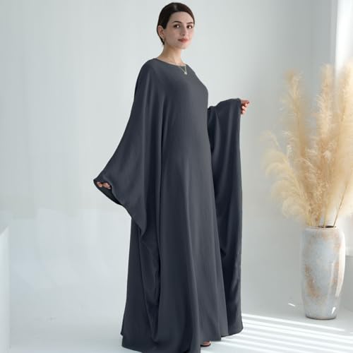 Women Muslim Abaya Dress 1Piece Bat Sleeve Islamic Maxi Robe Fashion Jilbab for Women Eid Kaftan Muslim Robe - color: Greya, size: Medium