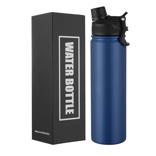 Insulated Water Bottle 24oz, Stainless Steel Double Wall Vacuum Sports Flask with 2-in-1 Straw & Chug Lid, BPA-Free, Leak Proof, Keeps Cold 24H for Travel Gym School - color: Dark Blue 750