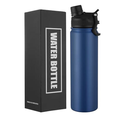 Insulated Water Bottle 24oz, Stainless Steel Double Wall Vacuum Sports Flask with 2-in-1 Straw & Chug Lid, BPA-Free, Leak Proof, Keeps Cold 24H for Travel Gym School - color: Dark Blue 750