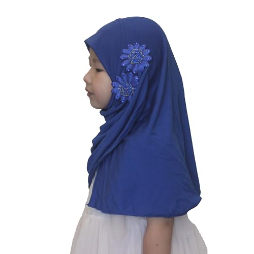 Soft Instant Hijab for Kids Girls Muslim Headscarf Islamic Scarf Shawl Wrap with Flowers - color: Blue-2 Flowers