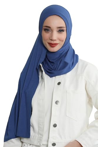 Aisha's Design Jersey Shawl for Women Instant 95% Cotton Modesty Turban Cap Hat Head Wrap Cotton Scarf - color: Indigo